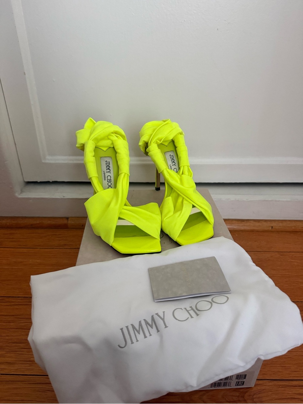 Jimmy Choo Neon Yellow Twisted-Knot High Heel Sandals Neoma 110